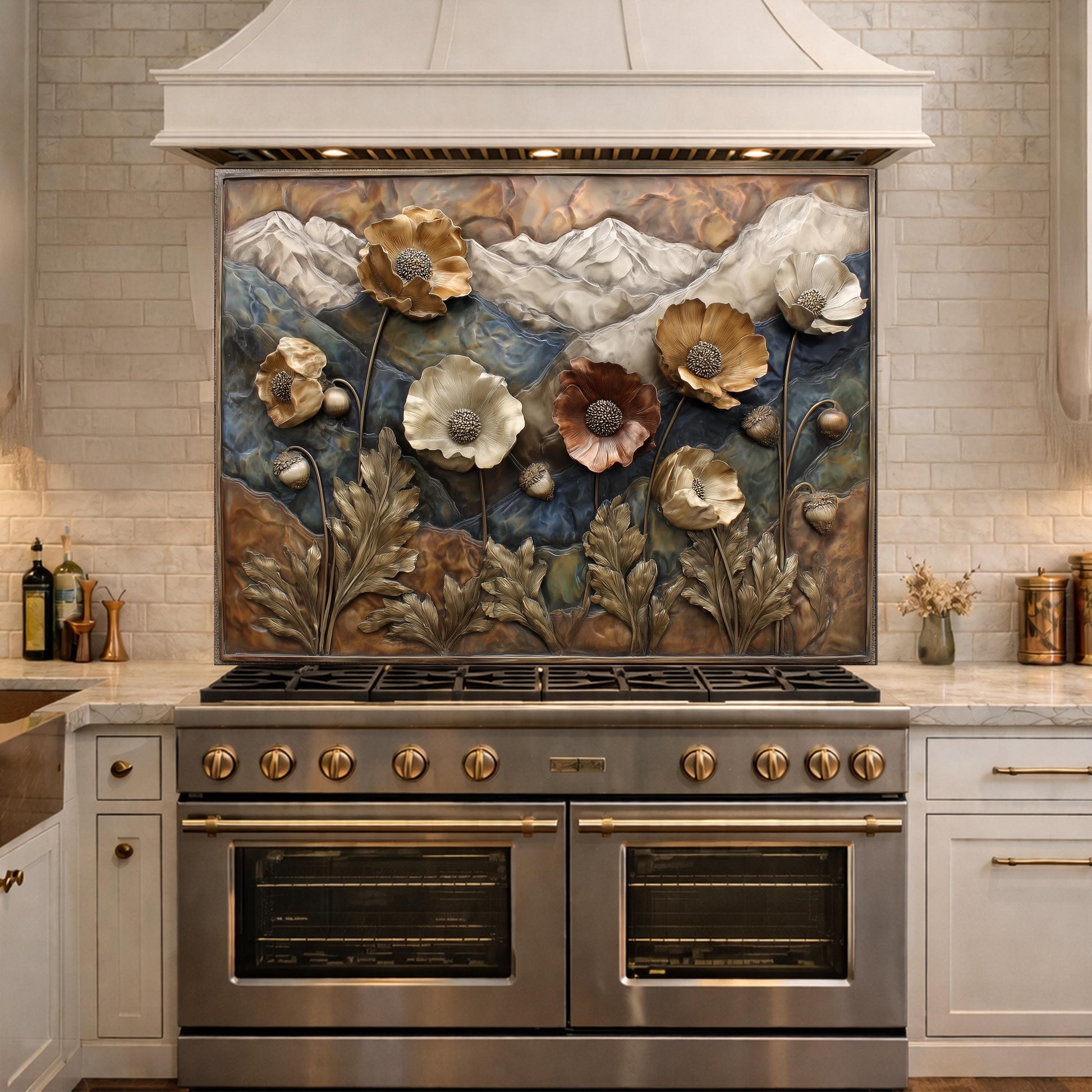 Alpine Poppies Tempered Glass Backsplash, Copper Look Mountain and Flower Wall Panel, Custom Size