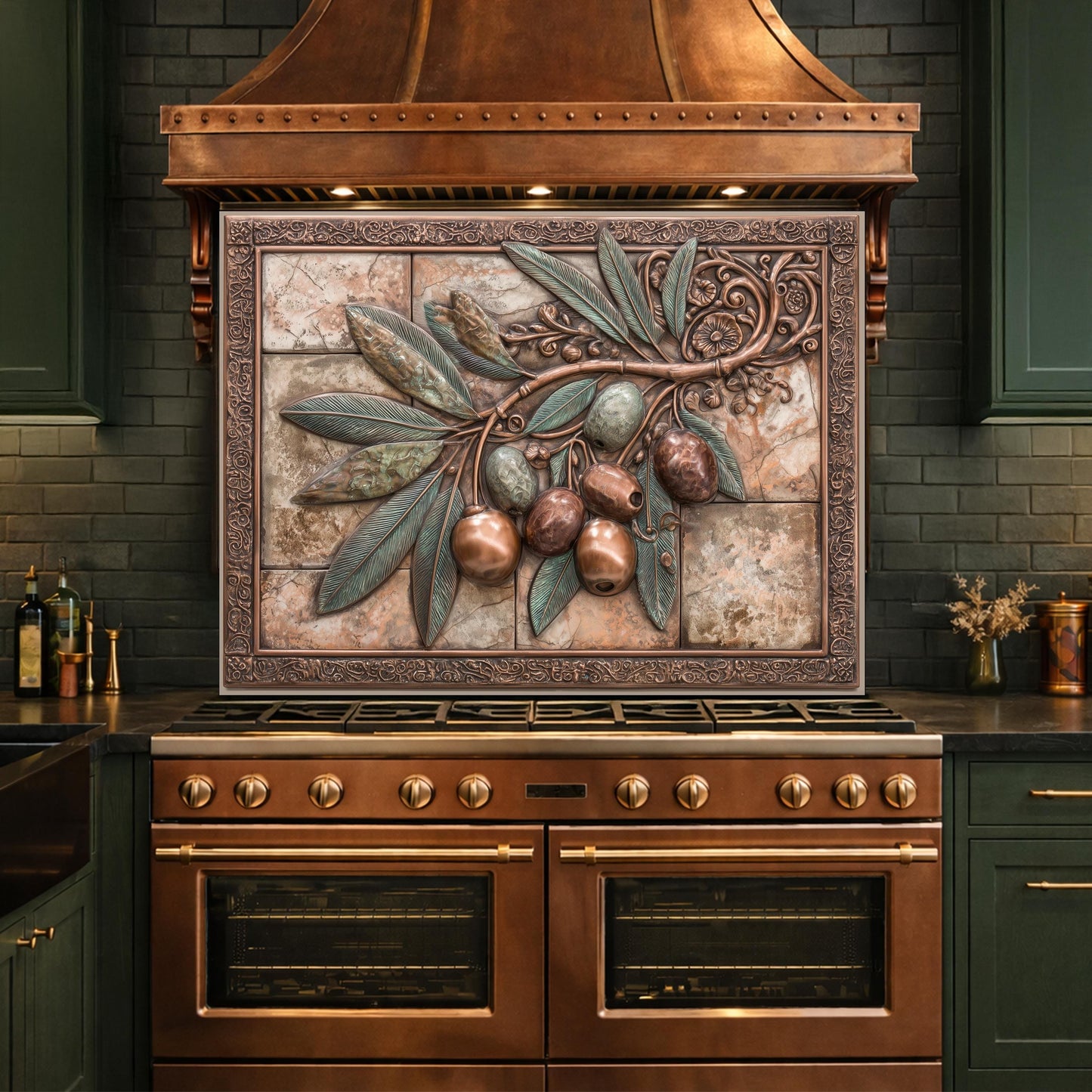 Rustic Olive Branch Backsplash, Copper Look Fruit Wall Panel, Mediterranean Kitchen Decor, Custom Size