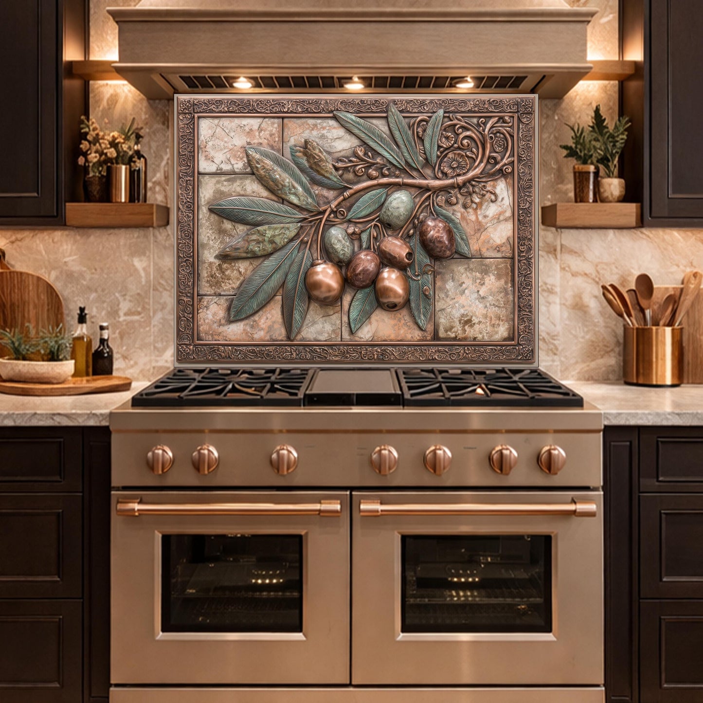 Rustic Olive Branch Backsplash, Copper Look Fruit Wall Panel, Mediterranean Kitchen Decor, Custom Size