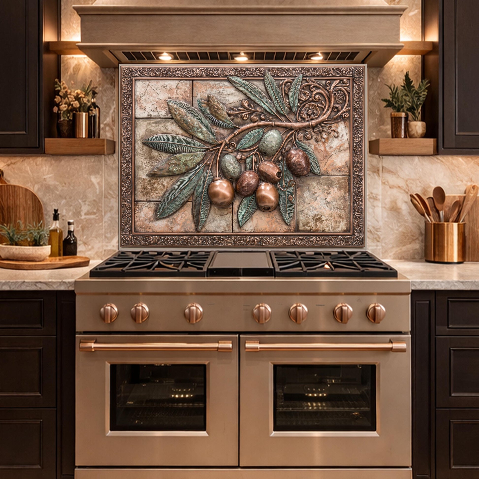 Rustic Olive Branch Backsplash, Copper Look Fruit Wall Panel, Mediterranean Kitchen Decor, Custom Size
