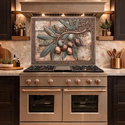 Rustic Olive Branch Backsplash, Copper Look Fruit Wall Panel, Mediterranean Kitchen Decor, Custom Size
