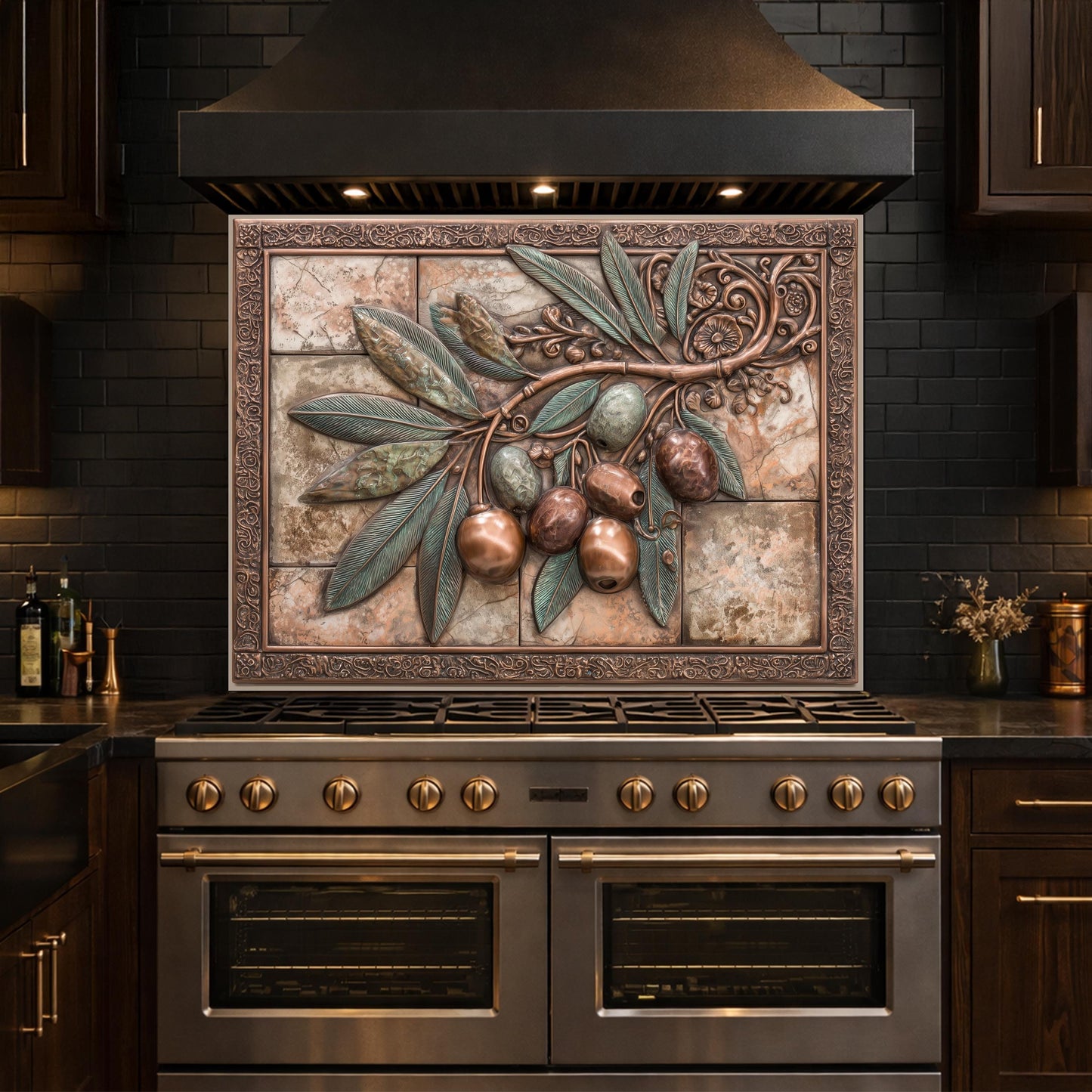 Rustic Olive Branch Backsplash, Copper Look Fruit Wall Panel, Mediterranean Kitchen Decor, Custom Size