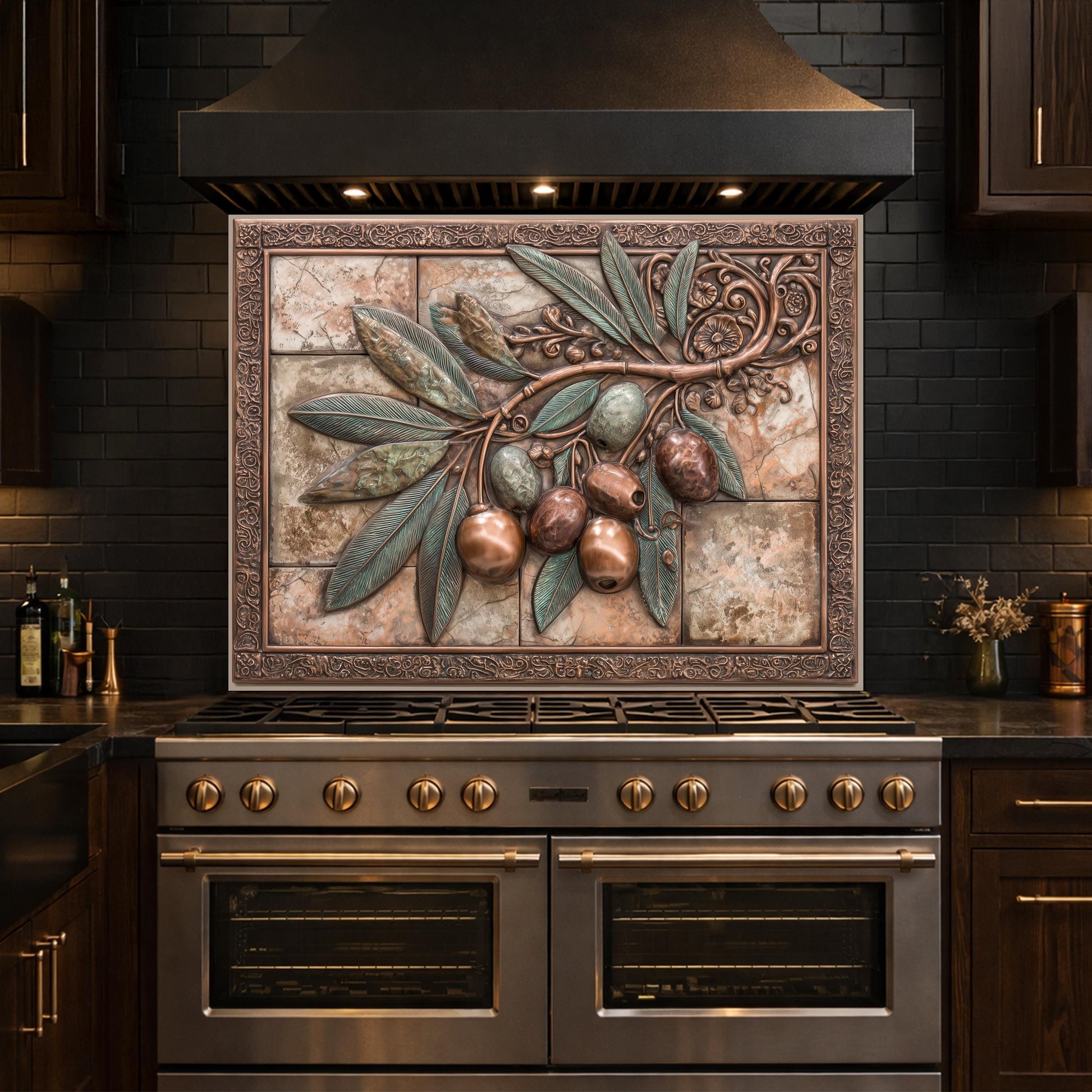 Rustic Olive Branch Backsplash, Copper Look Fruit Wall Panel, Mediterranean Kitchen Decor, Custom Size