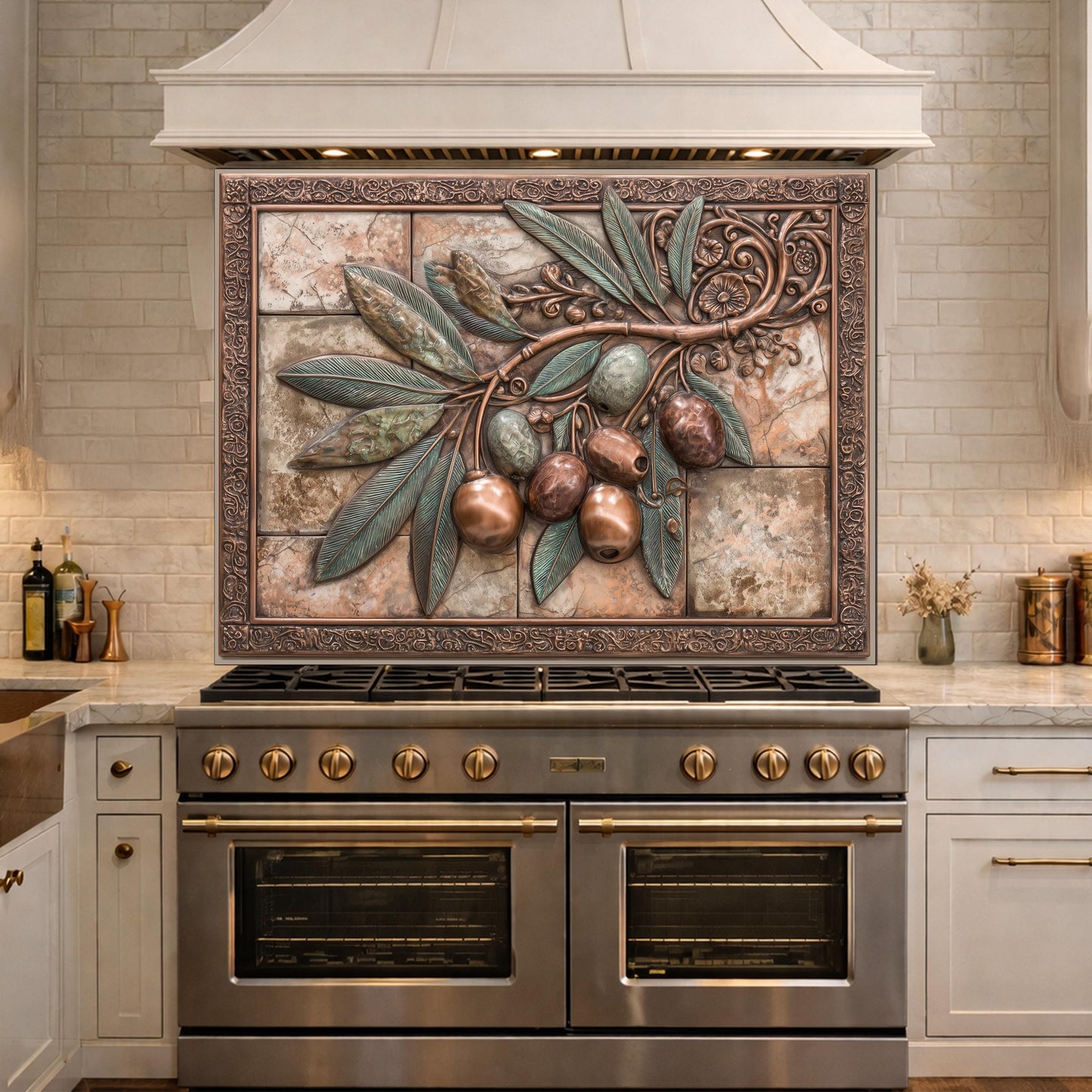 Rustic Olive Branch Backsplash, Copper Look Fruit Wall Panel, Mediterranean Kitchen Decor, Custom Size