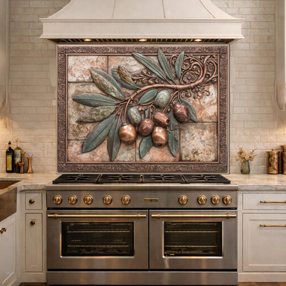 Rustic Olive Branch Backsplash, Copper Look Fruit Wall Panel, Mediterranean Kitchen Decor, Custom Size