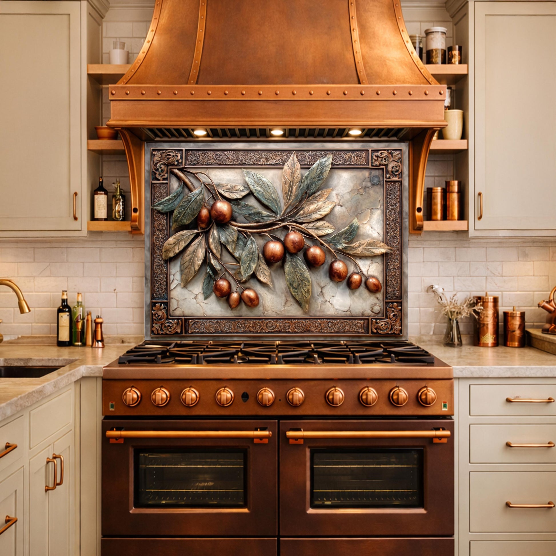 Elegant Olive Branch Backsplash, Copper Look Fruit Wall Panel, Mediterranean Decor, Custom Size