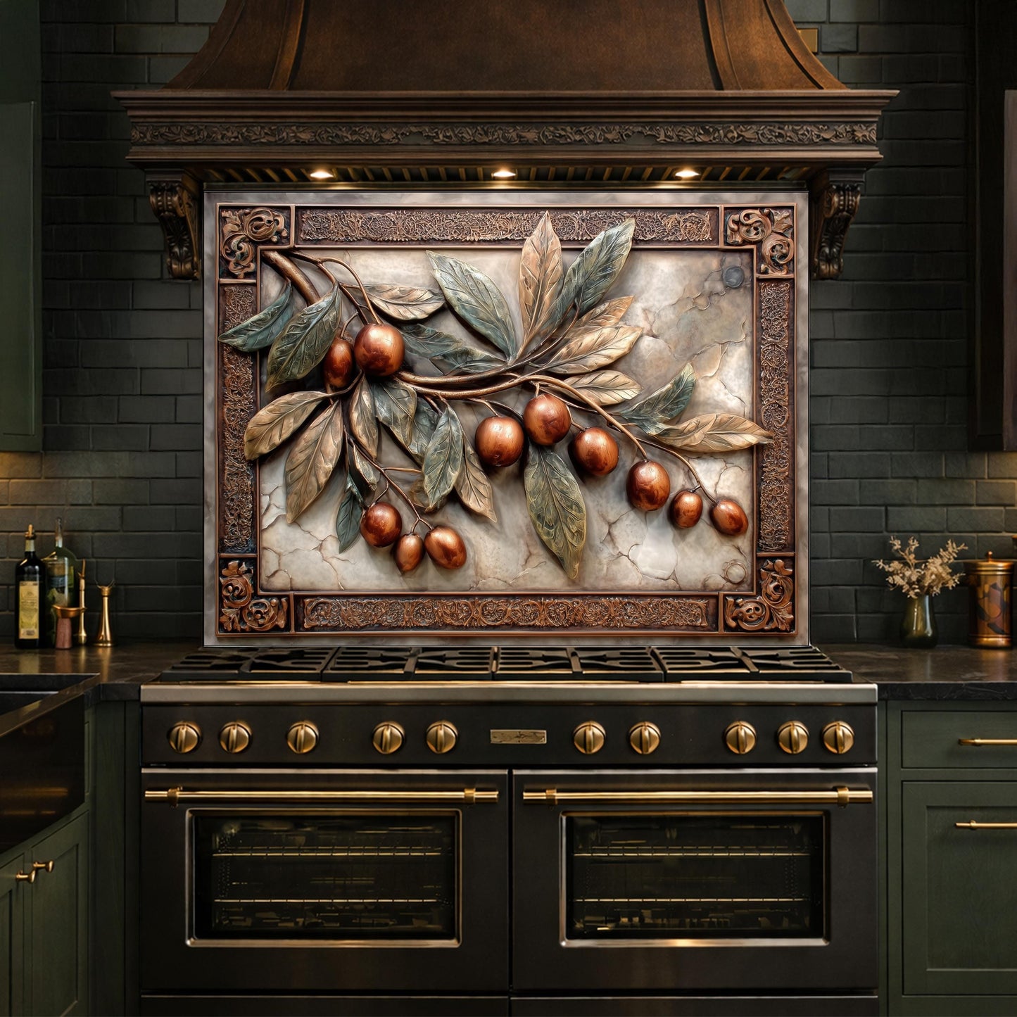 Elegant Olive Branch Backsplash, Copper Look Fruit Wall Panel, Mediterranean Decor, Custom Size