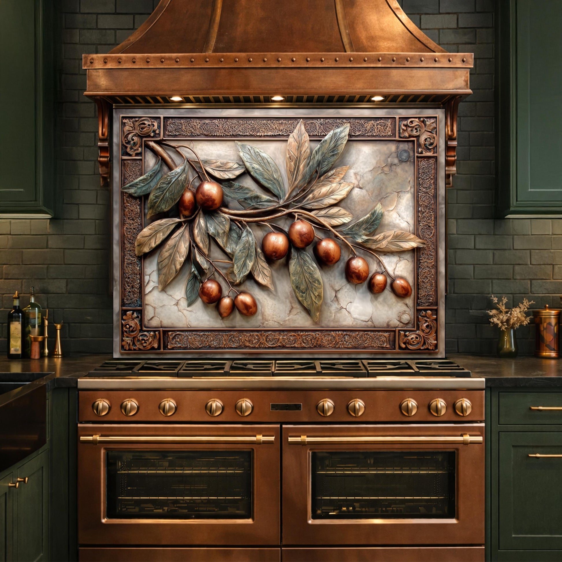 Elegant Olive Branch Backsplash, Copper Look Fruit Wall Panel, Mediterranean Decor, Custom Size