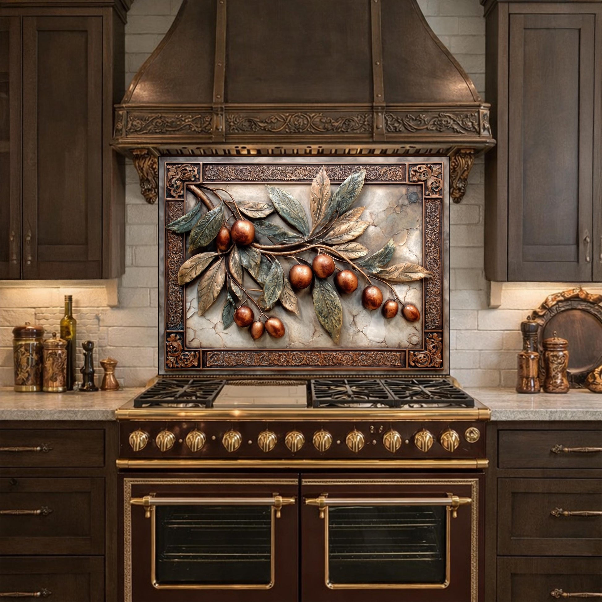 Elegant Olive Branch Backsplash, Copper Look Fruit Wall Panel, Mediterranean Decor, Custom Size