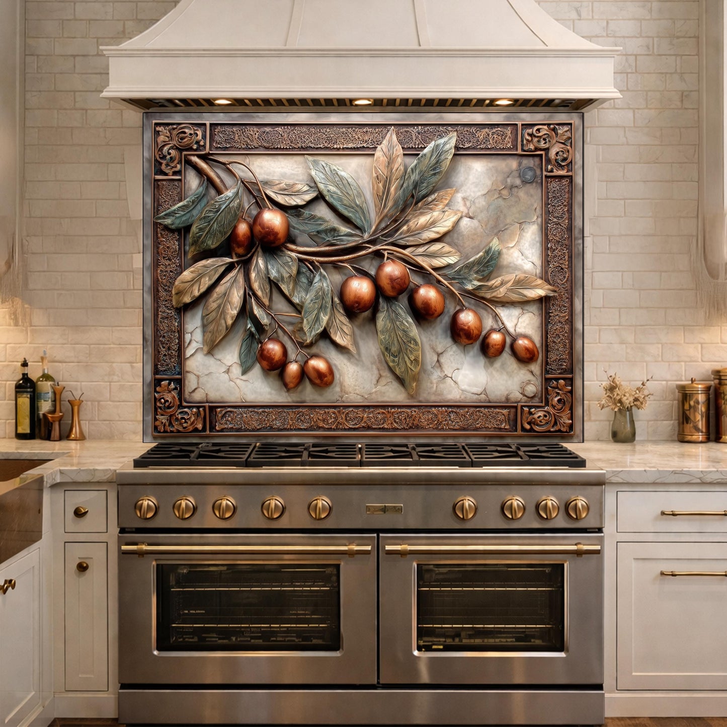 Elegant Olive Branch Backsplash, Copper Look Fruit Wall Panel, Mediterranean Decor, Custom Size