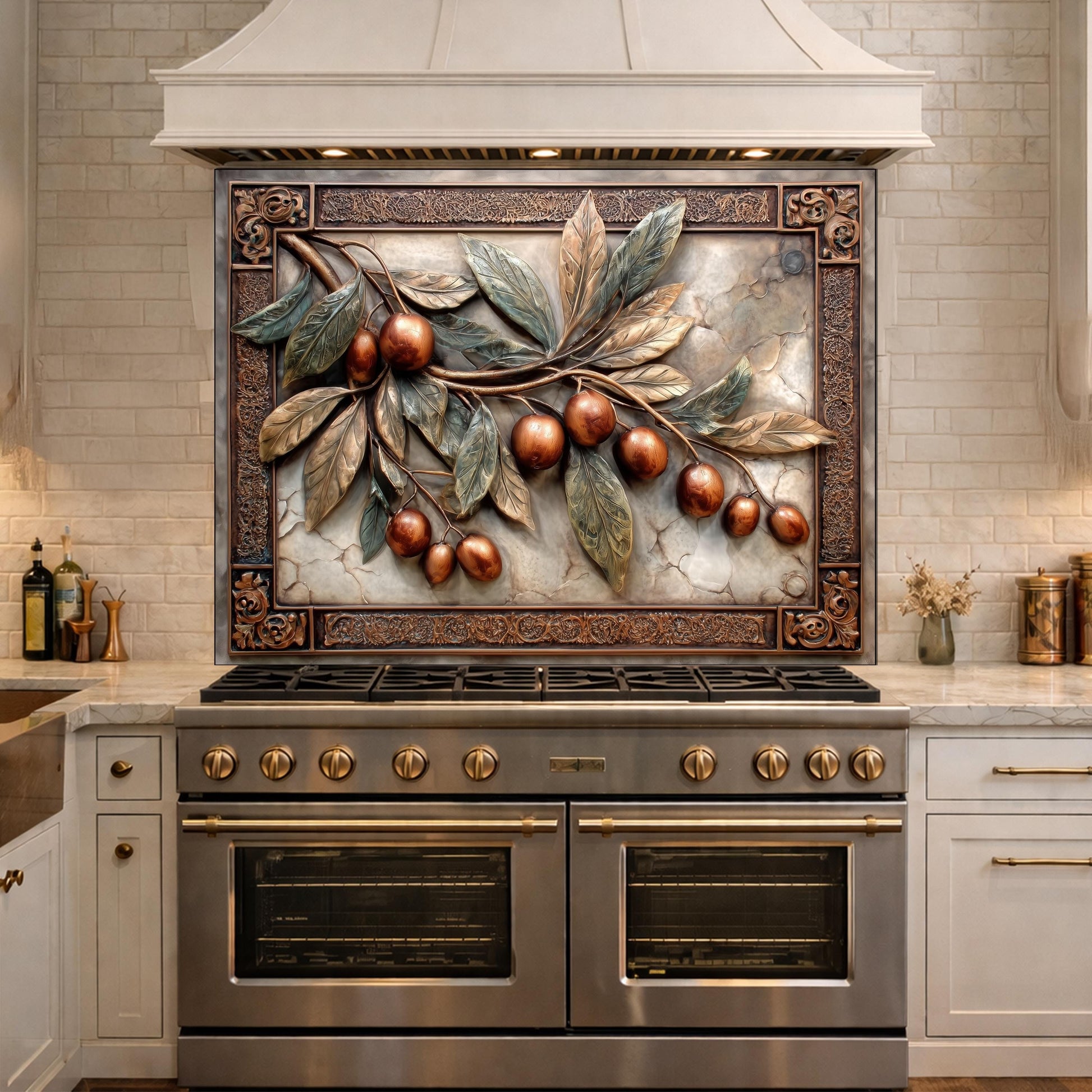 Elegant Olive Branch Backsplash, Copper Look Fruit Wall Panel, Mediterranean Decor, Custom Size