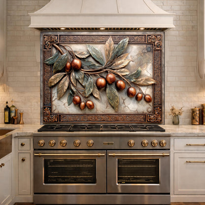Elegant Olive Branch Backsplash, Copper Look Fruit Wall Panel, Mediterranean Decor, Custom Size
