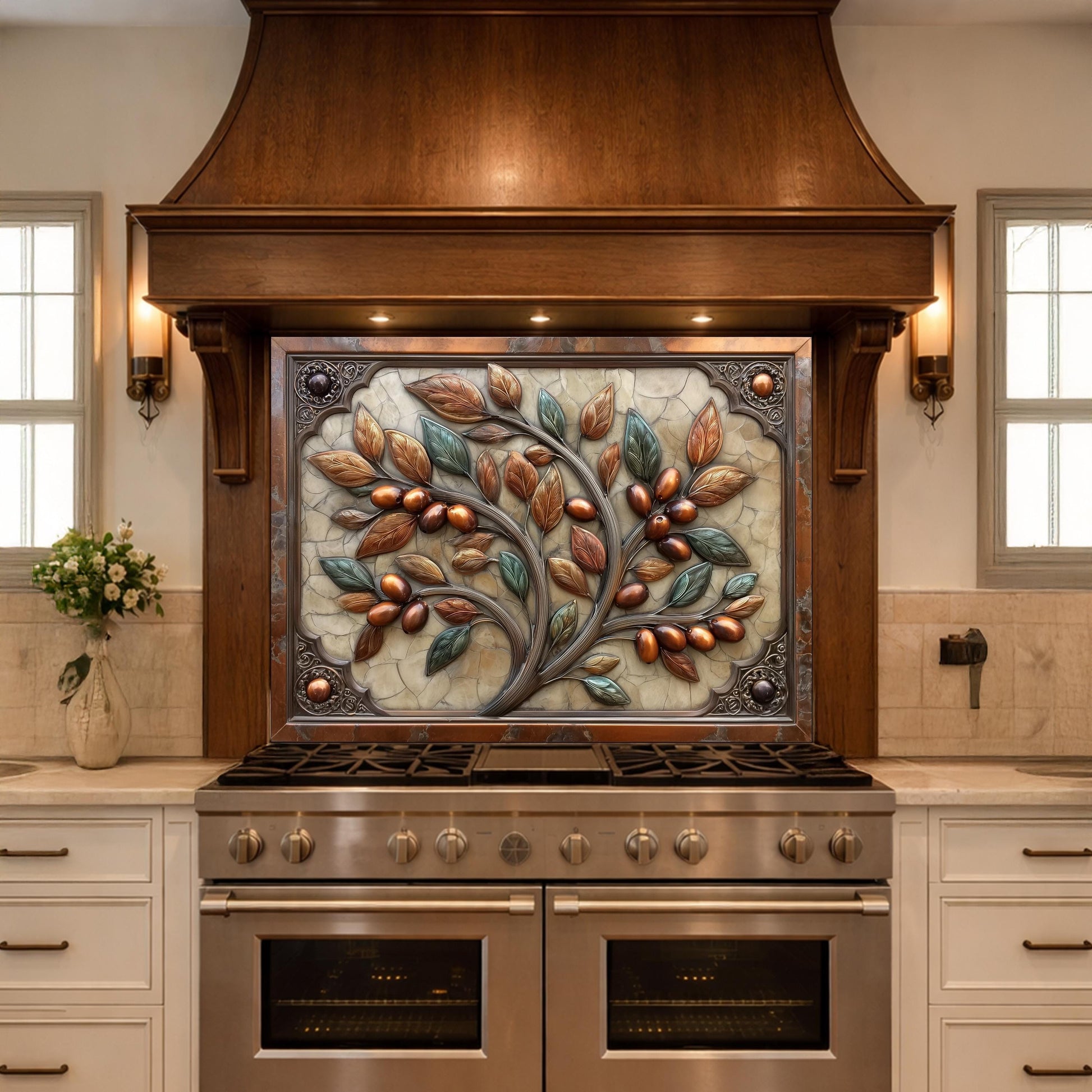 Rustic Olive Tree Backsplash, Copper Look Fruit Wall Panel, Mediterranean Kitchen Decor, Custom Size