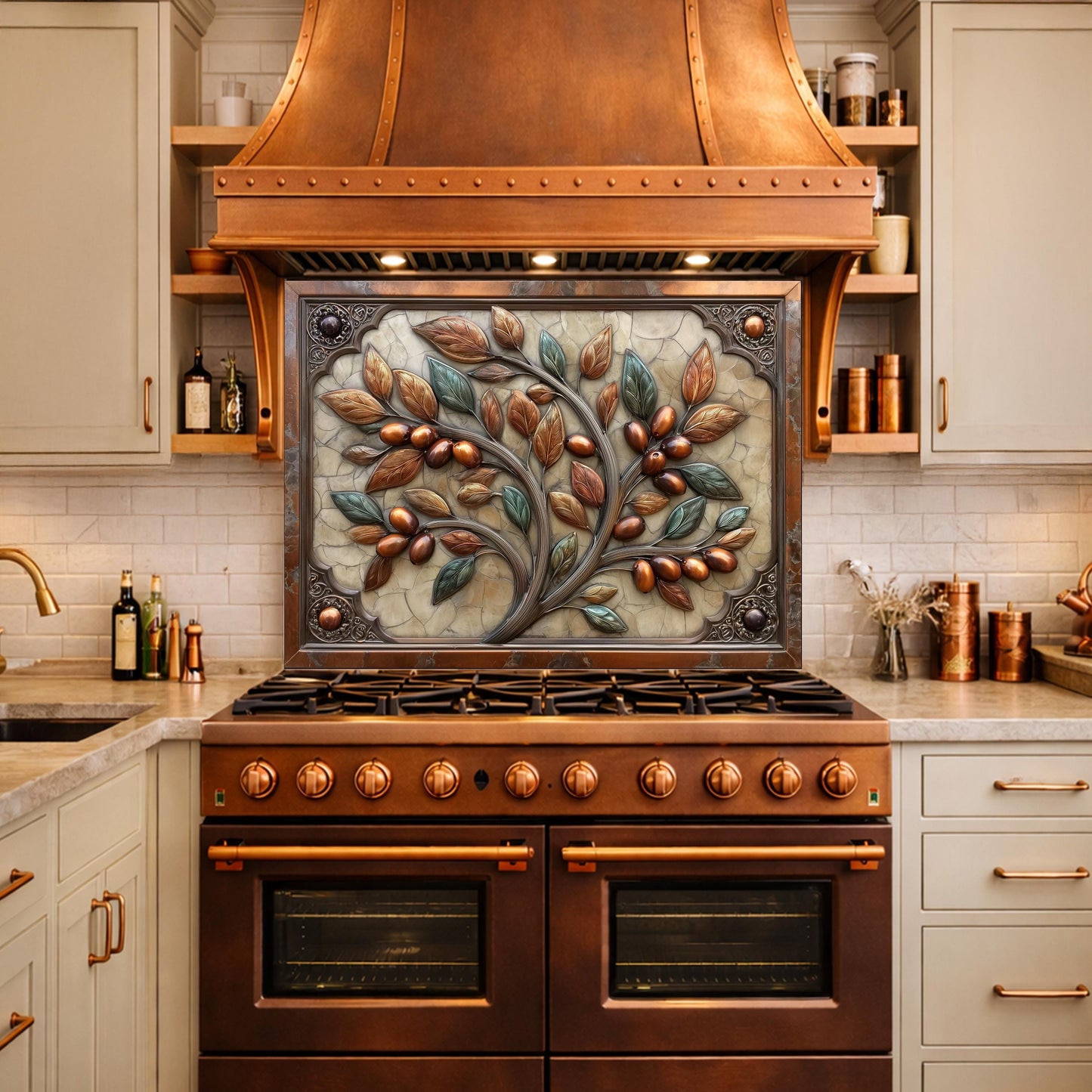 Rustic Olive Tree Backsplash, Copper Look Fruit Wall Panel, Mediterranean Kitchen Decor, Custom Size