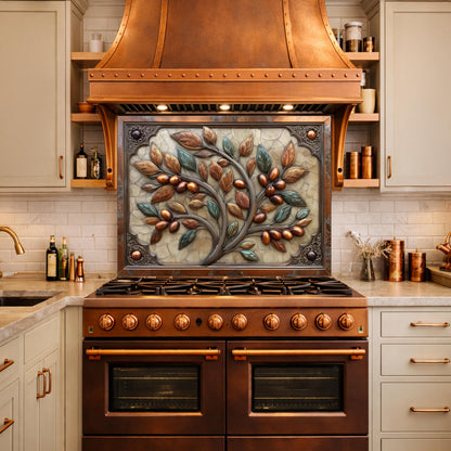 Rustic Olive Tree Backsplash, Copper Look Fruit Wall Panel, Mediterranean Kitchen Decor, Custom Size
