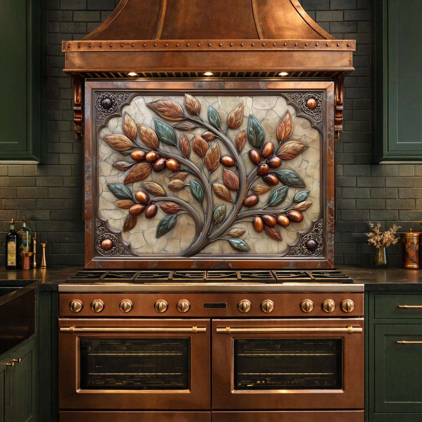 Rustic Olive Tree Backsplash, Copper Look Fruit Wall Panel, Mediterranean Kitchen Decor, Custom Size