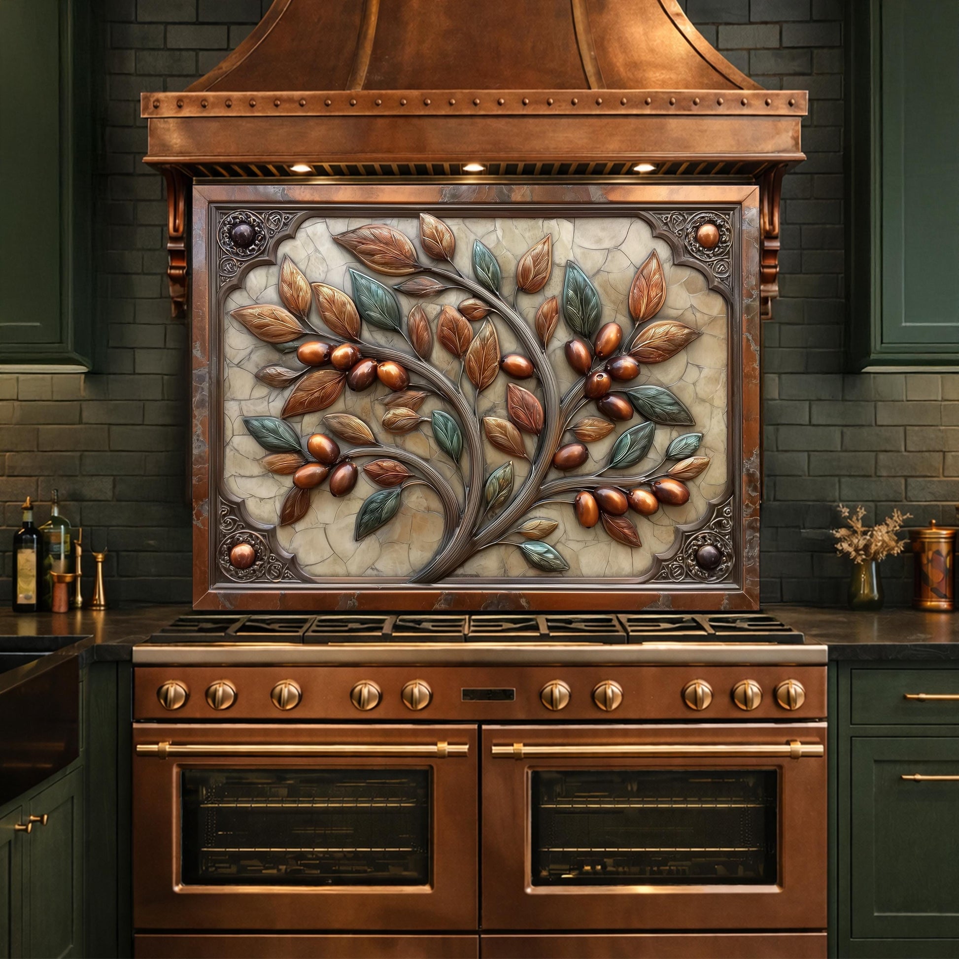 Rustic Olive Tree Backsplash, Copper Look Fruit Wall Panel, Mediterranean Kitchen Decor, Custom Size