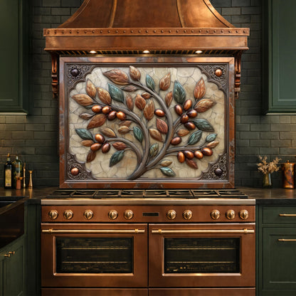 Rustic Olive Tree Backsplash, Copper Look Fruit Wall Panel, Mediterranean Kitchen Decor, Custom Size