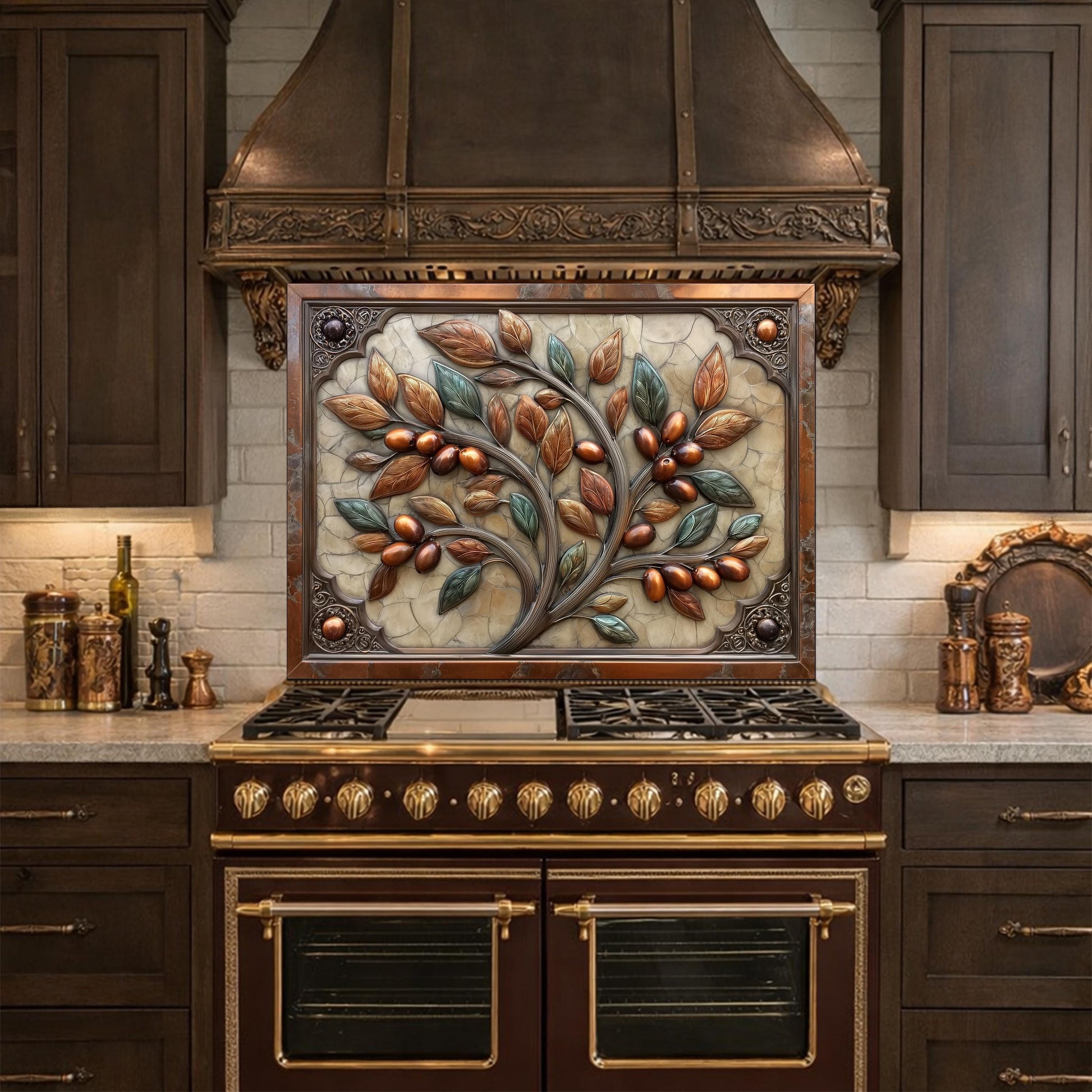 Rustic Olive Tree Backsplash, Copper Look Fruit Wall Panel, Mediterranean Kitchen Decor, Custom Size