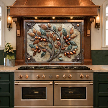 Rustic Olive Tree Backsplash, Copper Look Fruit Wall Panel, Mediterranean Kitchen Decor, Custom Size