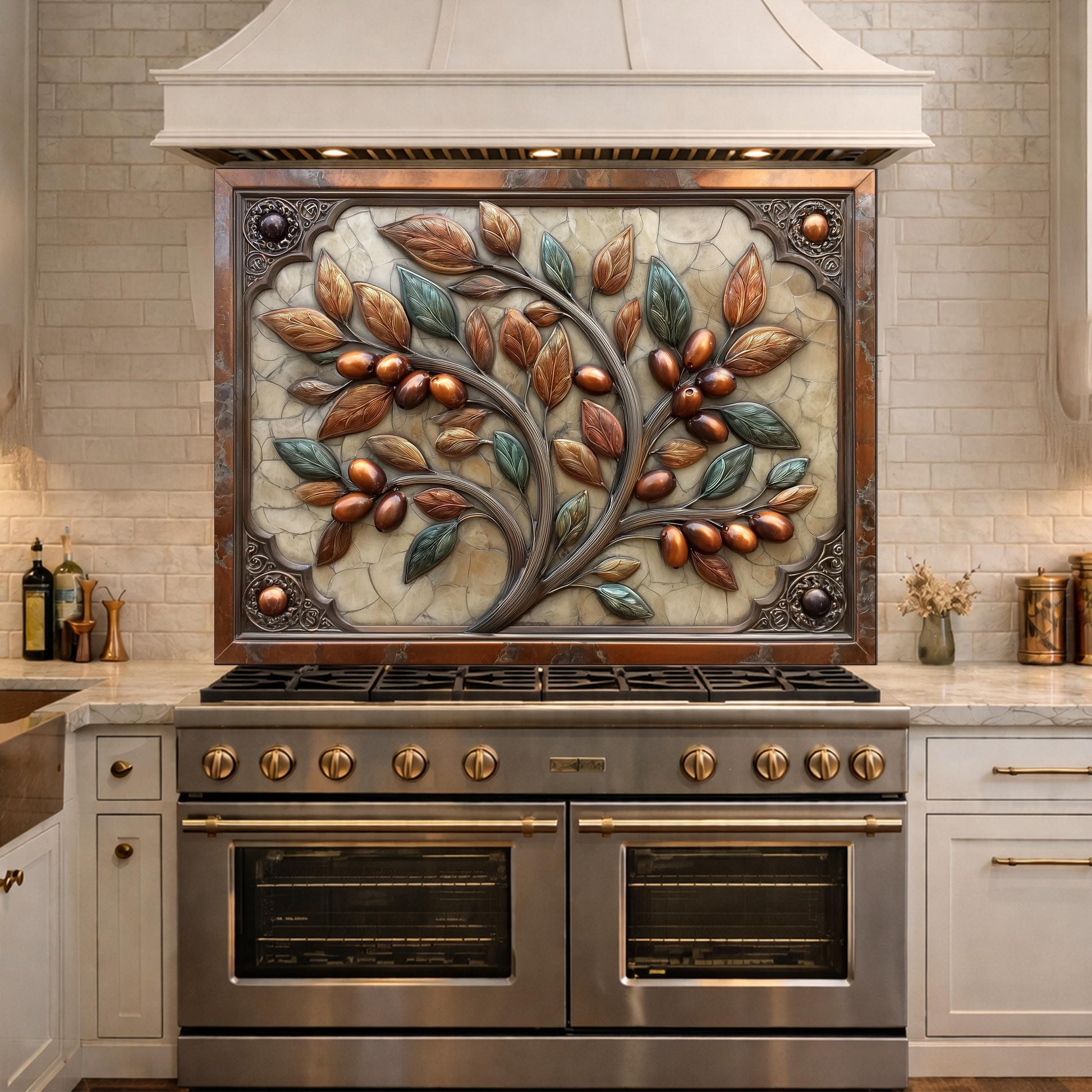 Rustic Olive Tree Backsplash, Copper Look Fruit Wall Panel, Mediterranean Kitchen Decor, Custom Size