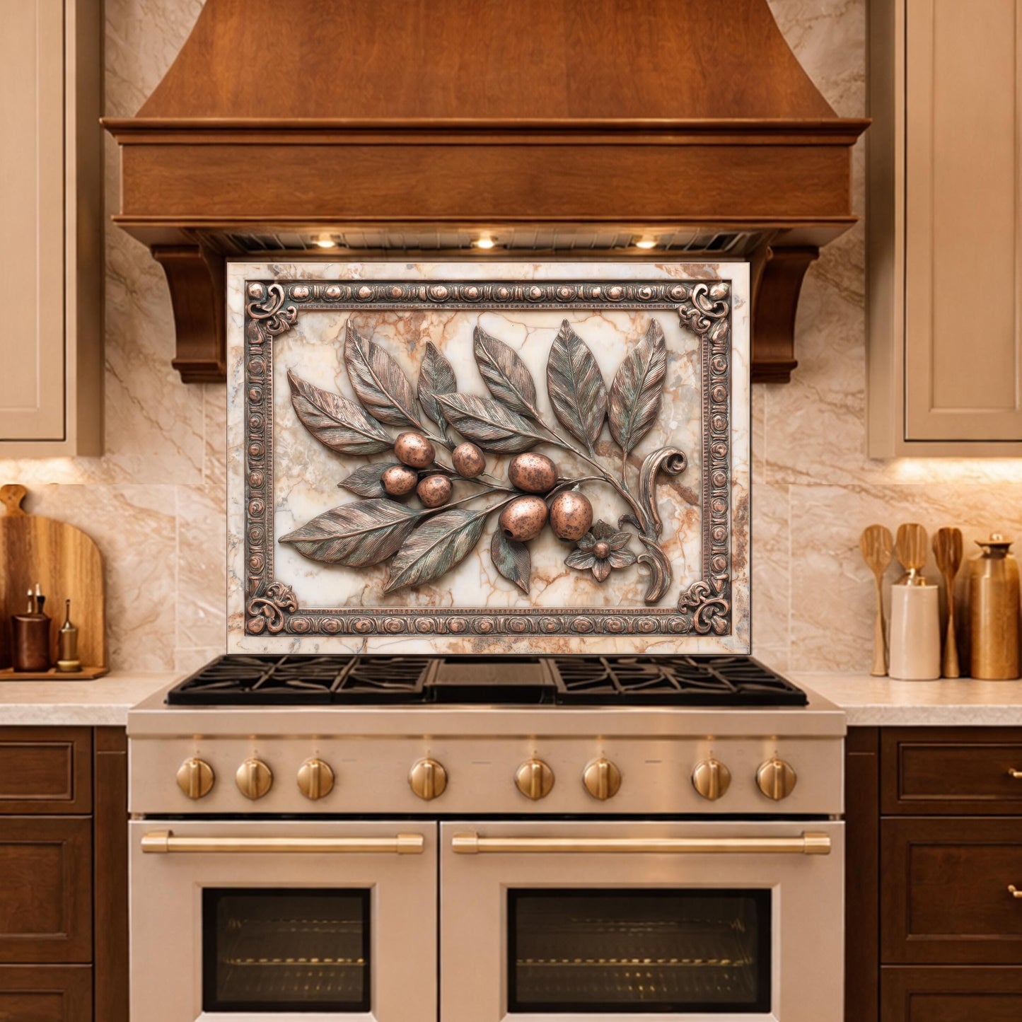Mediterranean Olive Branch Backsplash, Copper Look Fruit Wall Panel, Marble Texture, Custom Size