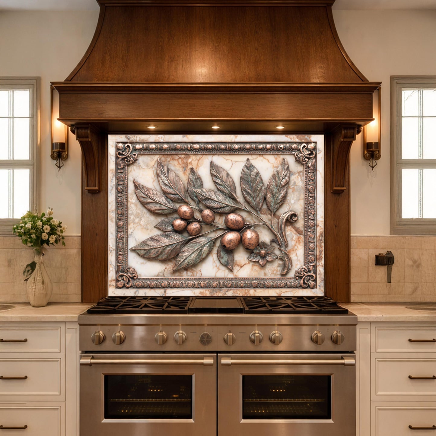 Mediterranean Olive Branch Backsplash, Copper Look Fruit Wall Panel, Marble Texture, Custom Size