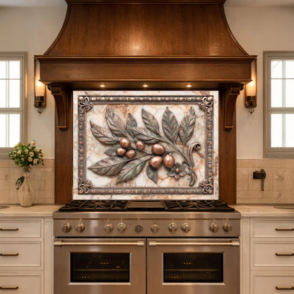 Mediterranean Olive Branch Backsplash, Copper Look Fruit Wall Panel, Marble Texture, Custom Size