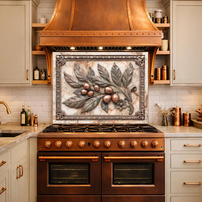 Mediterranean Olive Branch Backsplash, Copper Look Fruit Wall Panel, Marble Texture, Custom Size