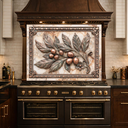 Mediterranean Olive Branch Backsplash, Copper Look Fruit Wall Panel, Marble Texture, Custom Size