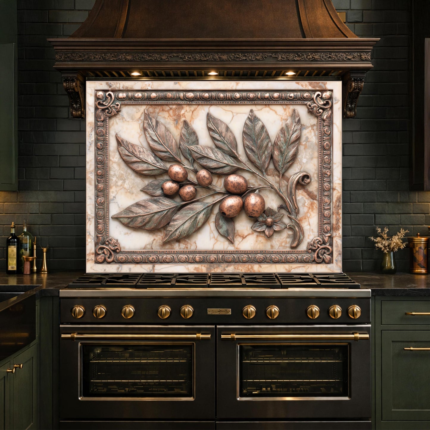 Mediterranean Olive Branch Backsplash, Copper Look Fruit Wall Panel, Marble Texture, Custom Size