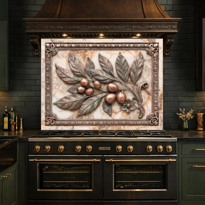 Mediterranean Olive Branch Backsplash, Copper Look Fruit Wall Panel, Marble Texture, Custom Size