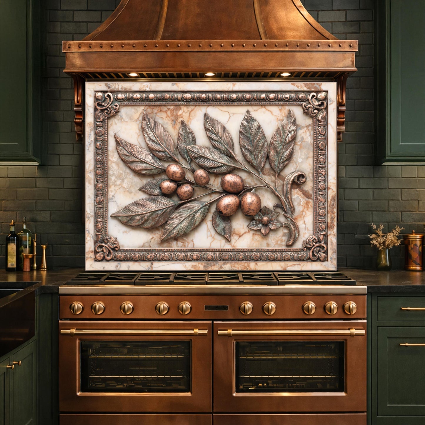Mediterranean Olive Branch Backsplash, Copper Look Fruit Wall Panel, Marble Texture, Custom Size