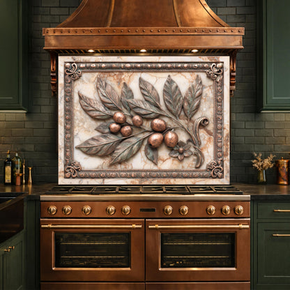 Mediterranean Olive Branch Backsplash, Copper Look Fruit Wall Panel, Marble Texture, Custom Size