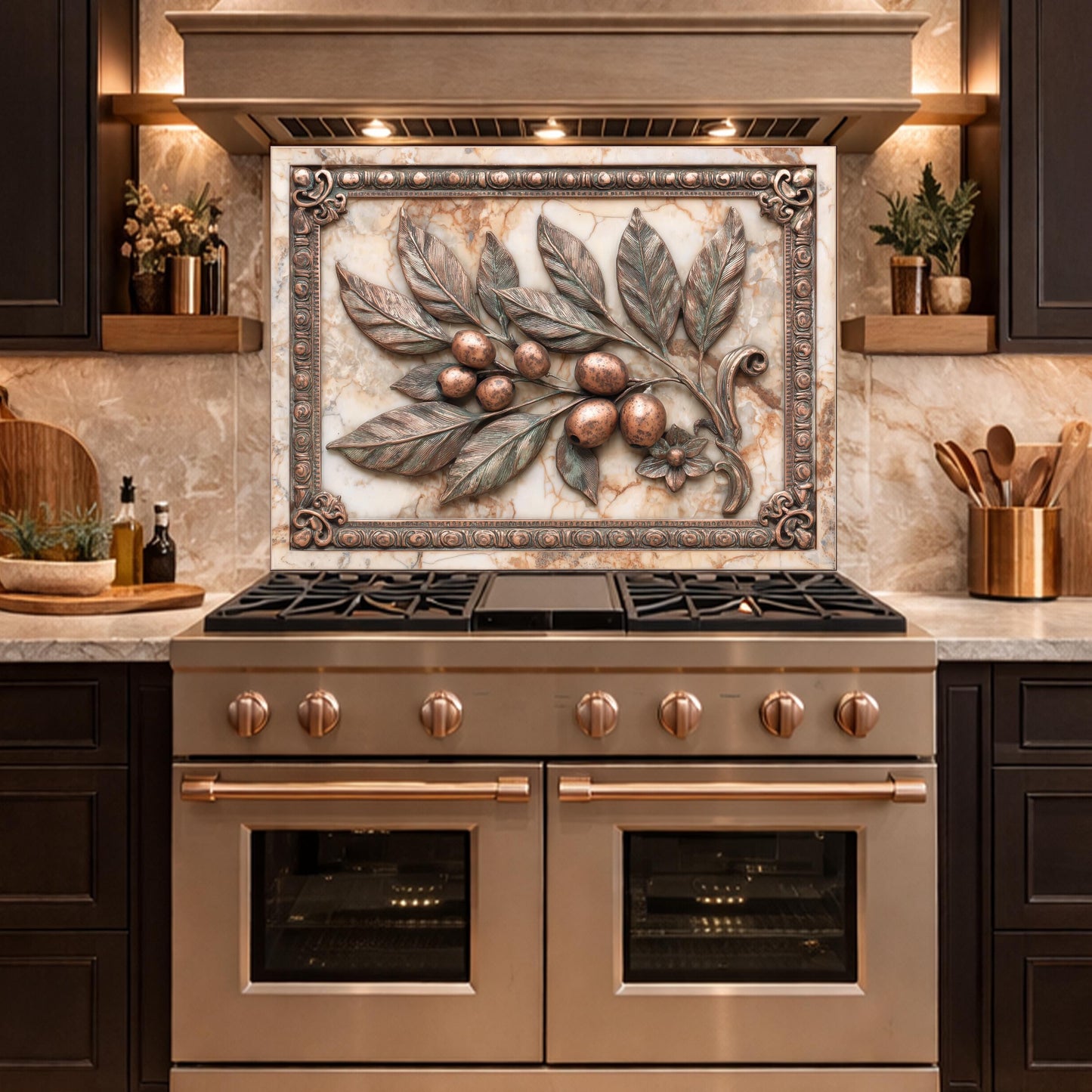 Mediterranean Olive Branch Backsplash, Copper Look Fruit Wall Panel, Marble Texture, Custom Size