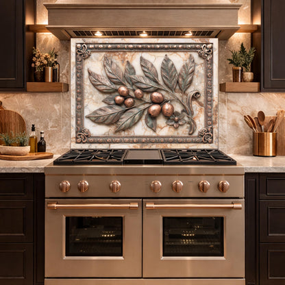 Mediterranean Olive Branch Backsplash, Copper Look Fruit Wall Panel, Marble Texture, Custom Size