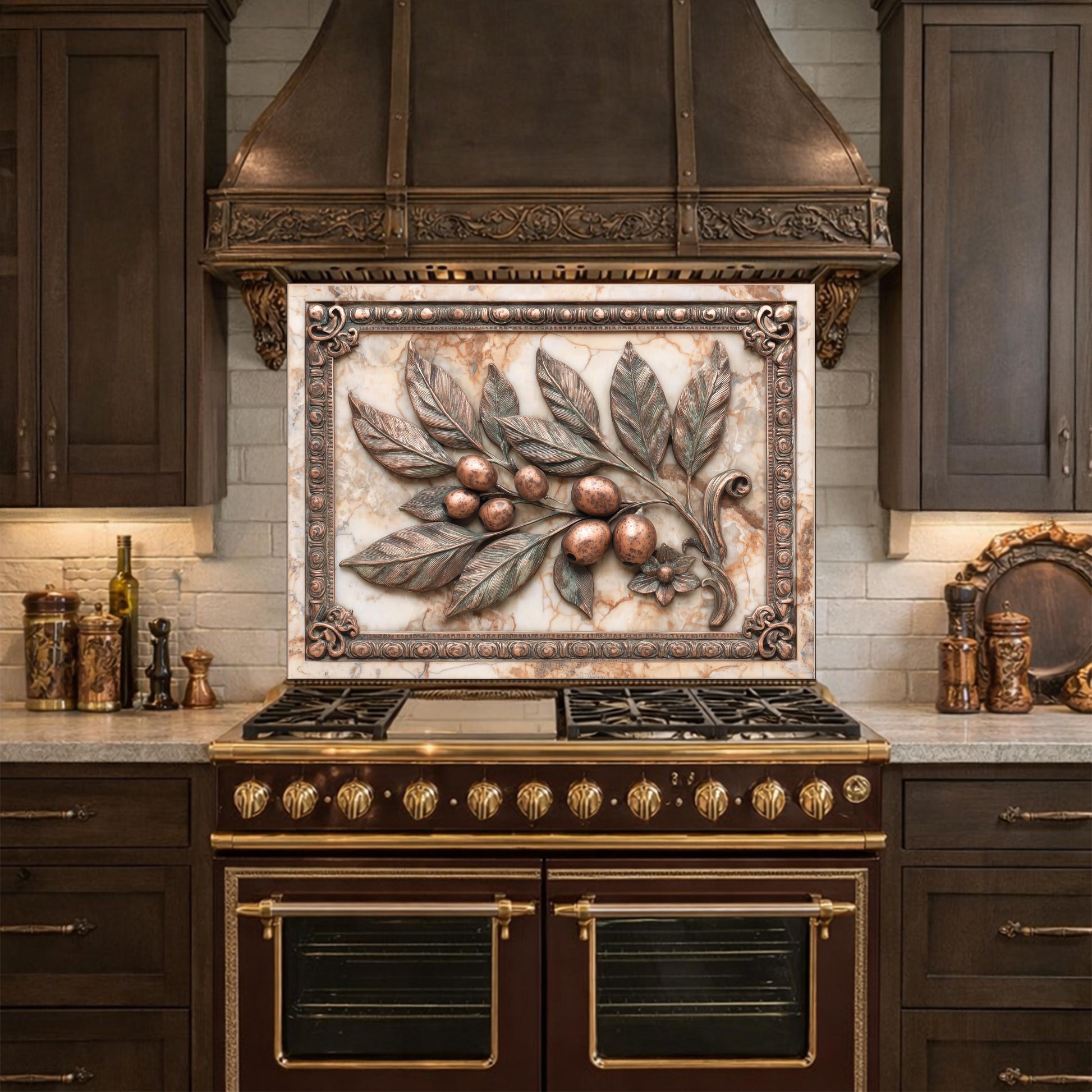 Mediterranean Olive Branch Backsplash, Copper Look Fruit Wall Panel, Marble Texture, Custom Size