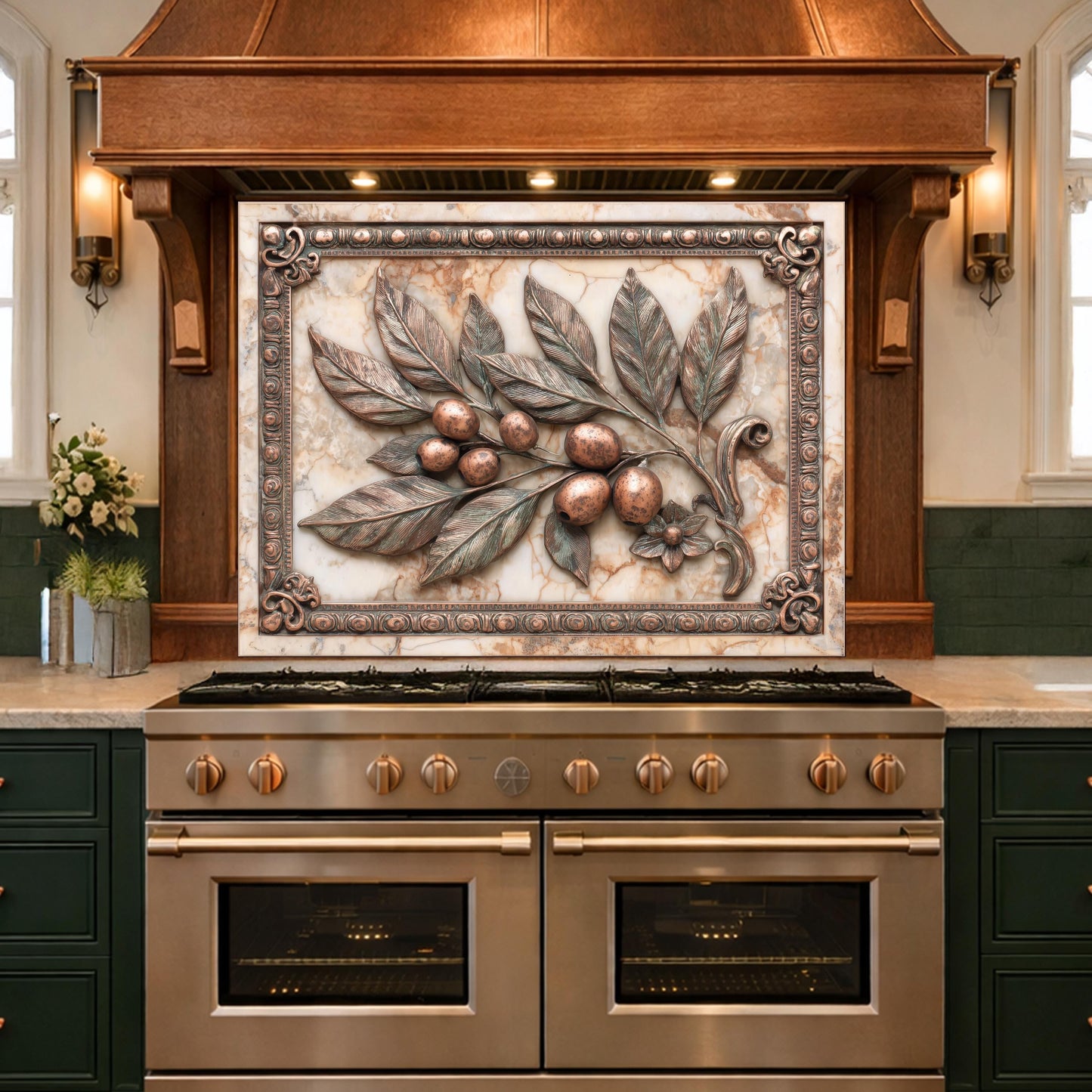 Mediterranean Olive Branch Backsplash, Copper Look Fruit Wall Panel, Marble Texture, Custom Size