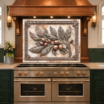 Mediterranean Olive Branch Backsplash, Copper Look Fruit Wall Panel, Marble Texture, Custom Size