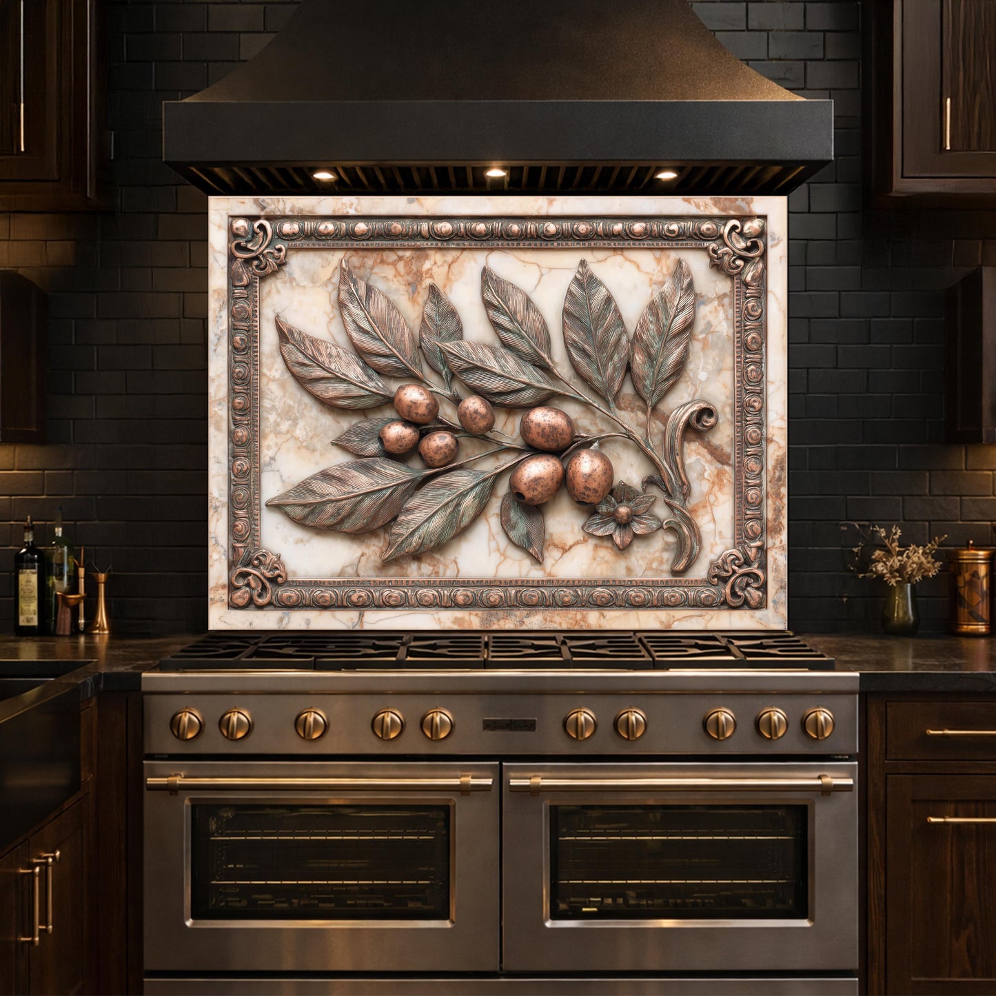 Mediterranean Olive Branch Backsplash, Copper Look Fruit Wall Panel, Marble Texture, Custom Size