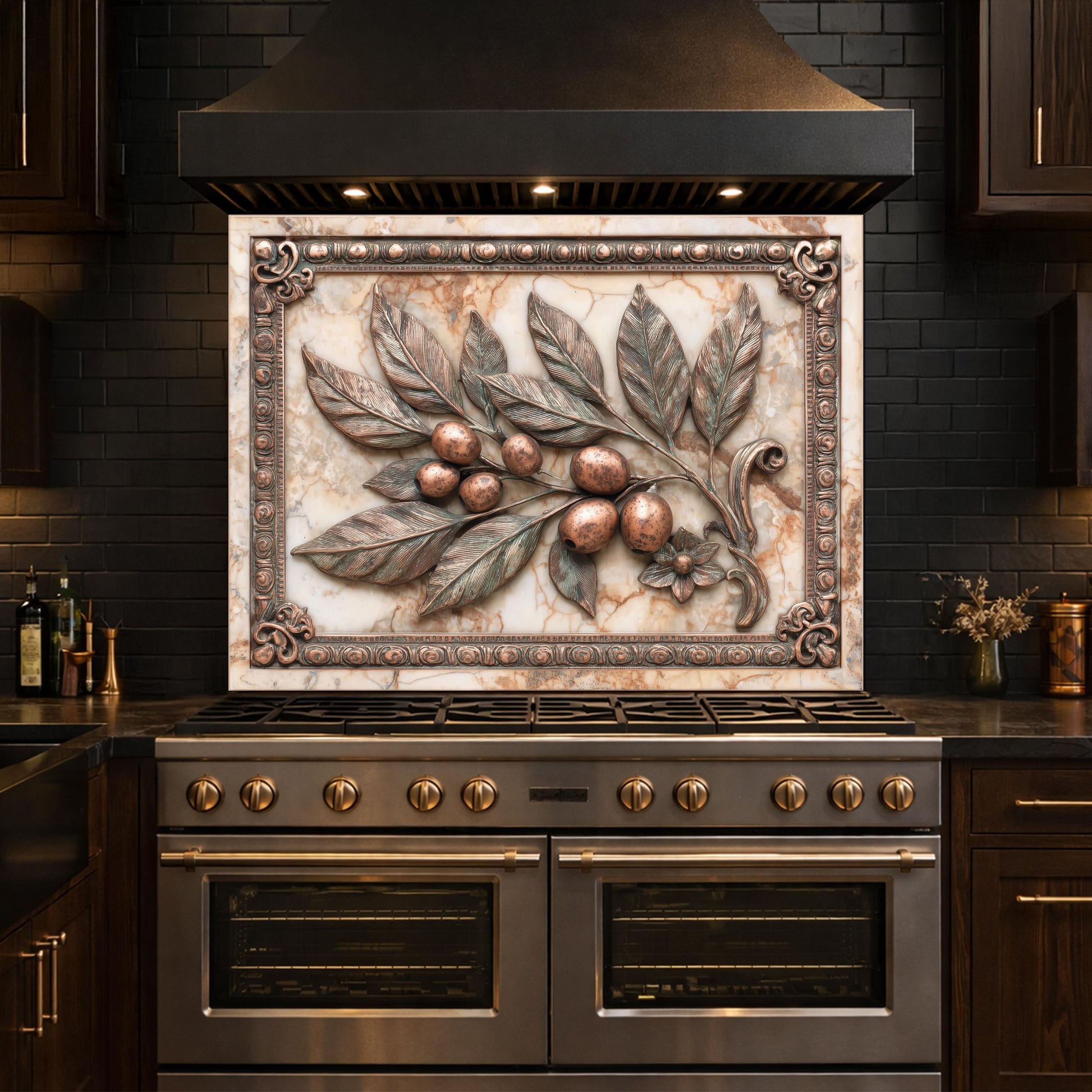 Mediterranean Olive Branch Backsplash, Copper Look Fruit Wall Panel, Marble Texture, Custom Size