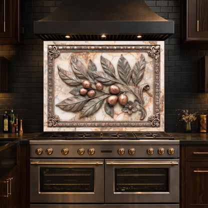 Mediterranean Olive Branch Backsplash, Copper Look Fruit Wall Panel, Marble Texture, Custom Size