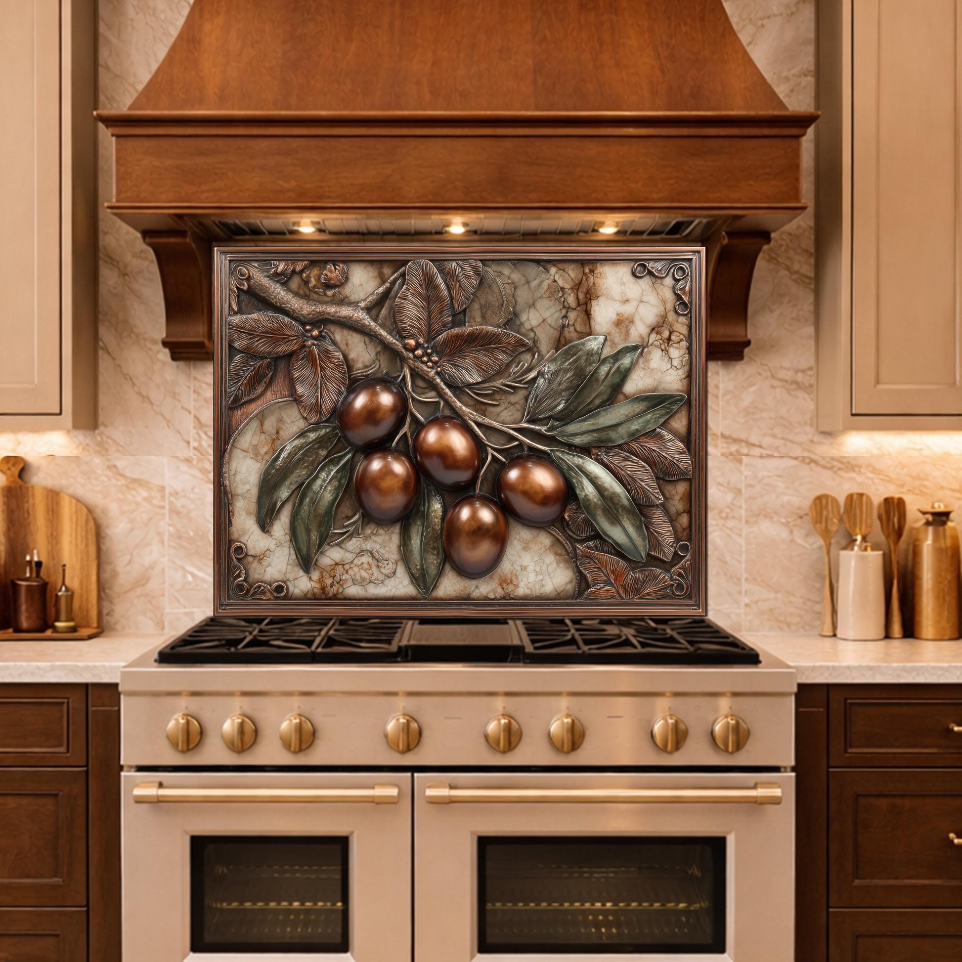 Olive Branch Backsplash, Copper Look Fruit Wall Panel, Marble Texture Art, Custom Size