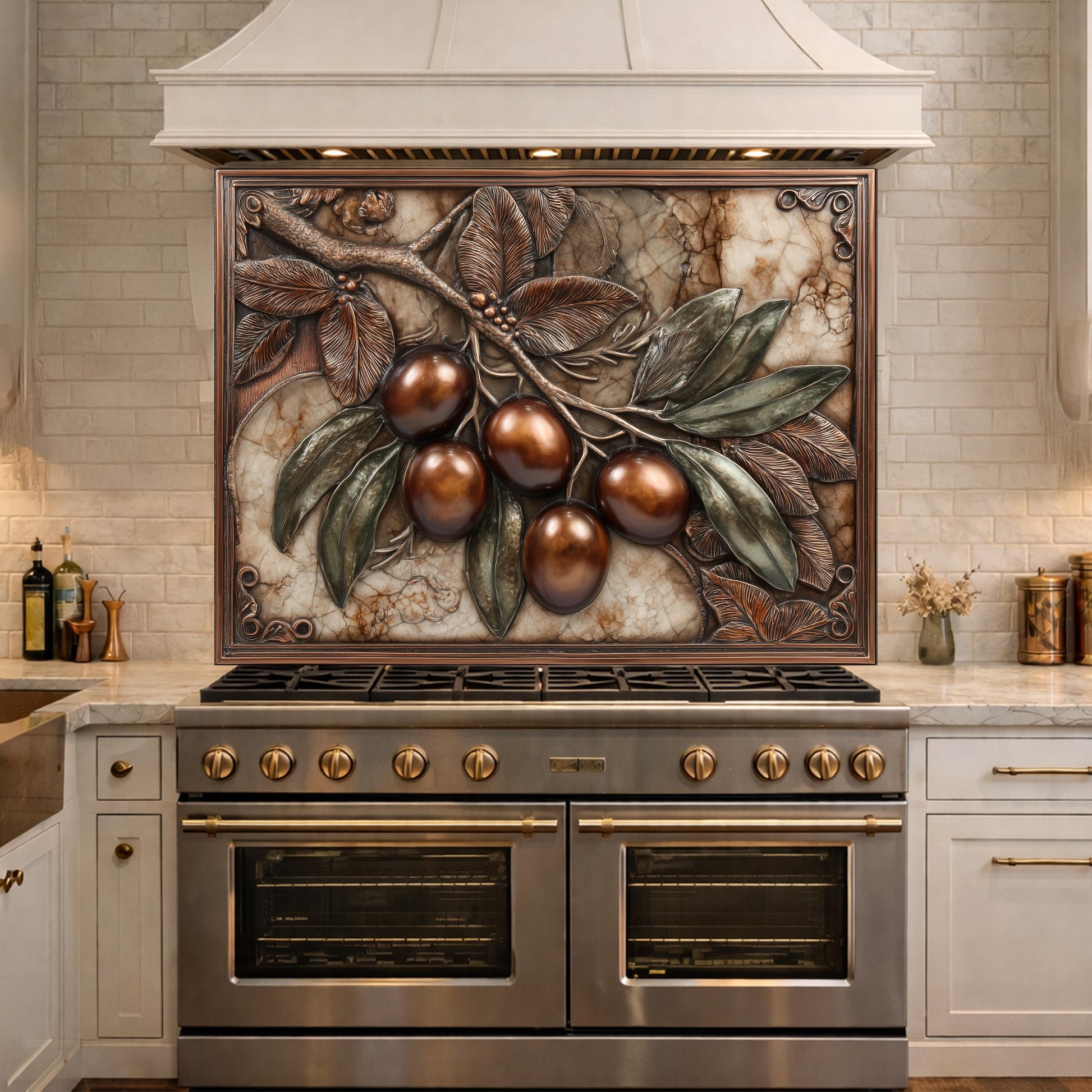 Olive Branch Backsplash, Copper Look Fruit Wall Panel, Marble Texture Art, Custom Size