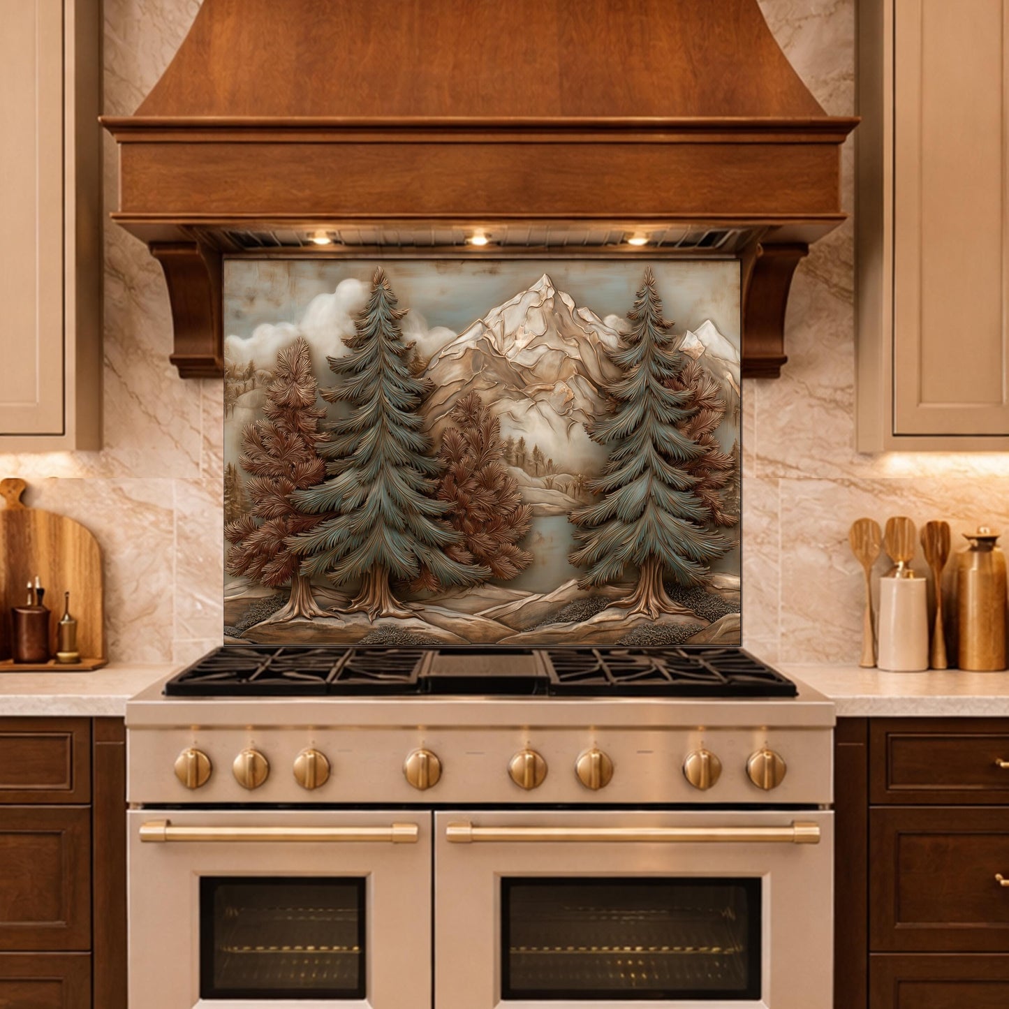 Alpine Pine Forest Backsplash, Copper Look Mountain Landscape Wall Panel, Custom Size