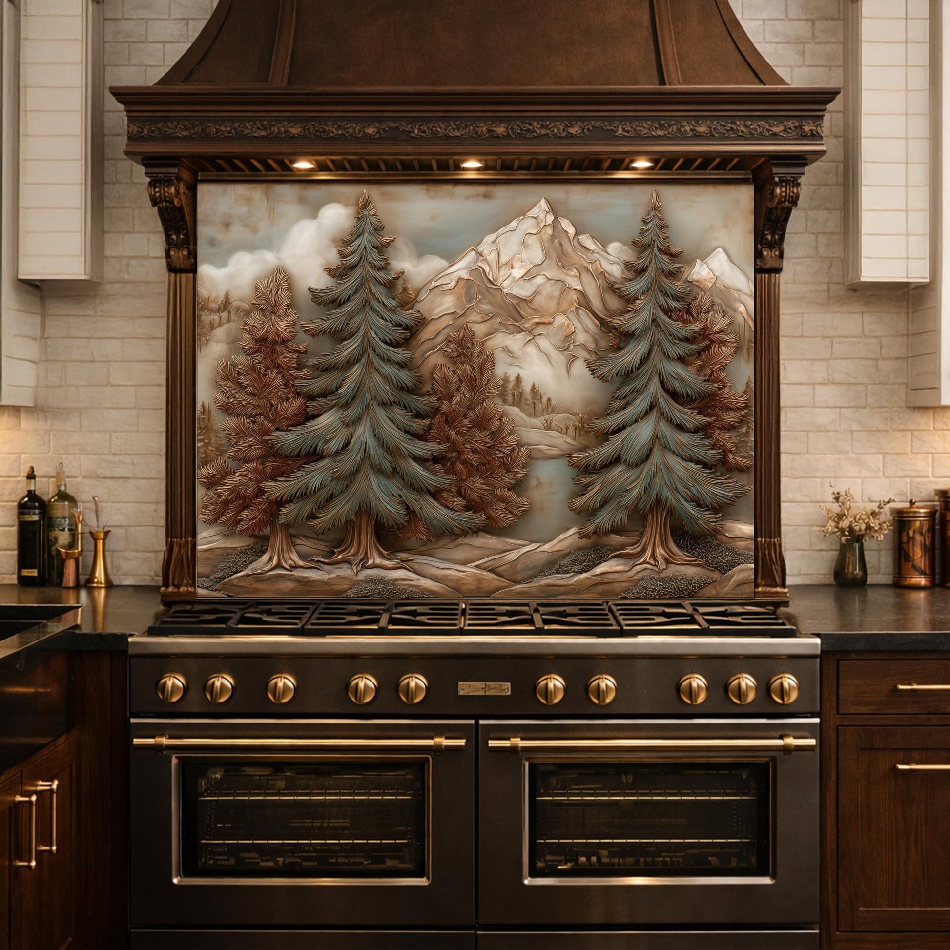 Alpine Pine Forest Backsplash, Copper Look Mountain Landscape Wall Panel, Custom Size