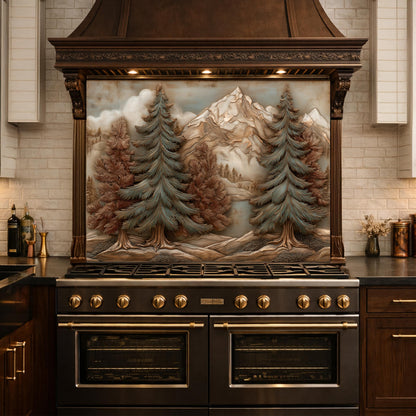 Alpine Pine Forest Backsplash, Copper Look Mountain Landscape Wall Panel, Custom Size