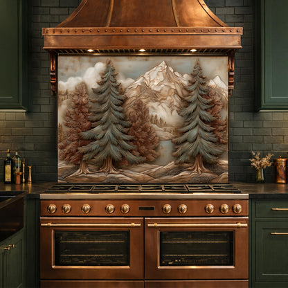 Alpine Pine Forest Backsplash, Copper Look Mountain Landscape Wall Panel, Custom Size