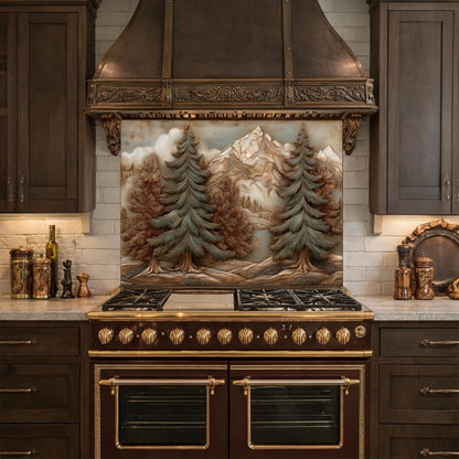 Alpine Pine Forest Backsplash, Copper Look Mountain Landscape Wall Panel, Custom Size