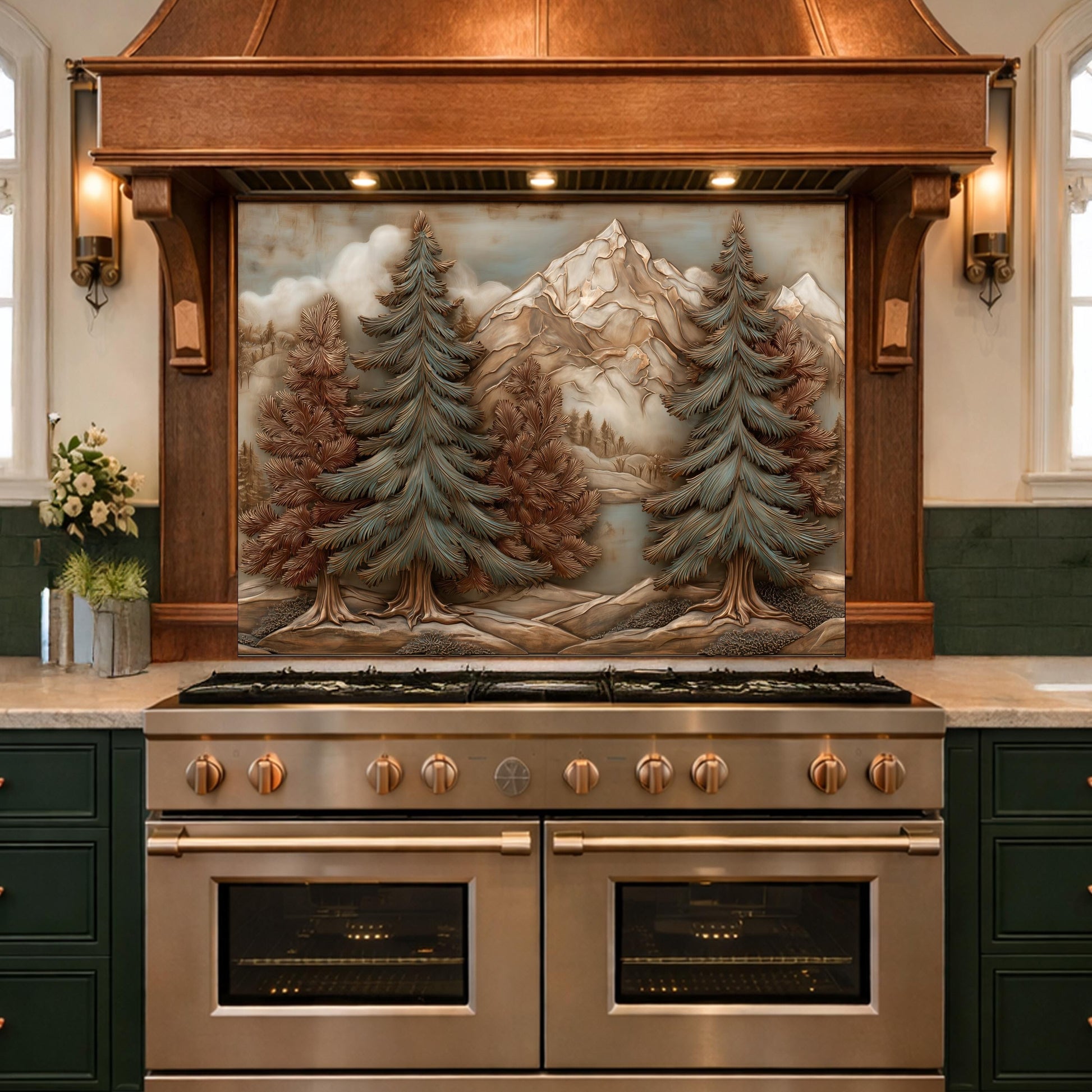 Alpine Pine Forest Backsplash, Copper Look Mountain Landscape Wall Panel, Custom Size